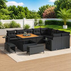 Black Garden Sofa Set Height-Adjustable 12 Pieces Poly Rattan Outdoor Furniture