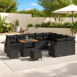 Garden Sofa Set 12 Pieces Height-Adjustable Outdoor Furniture Black Poly Rattan