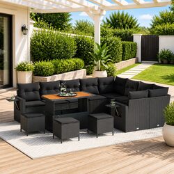 Garden Sofa Set Height-Adjustable 13-Piece Outdoor Furniture Black Poly Rattan