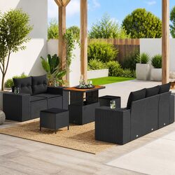 Garden Sofa Set Height-Adjustable 8 Pieces Black Outdoor Patio Furniture Modular