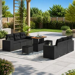 Modular Garden Sofa Set 9 Piece Black Poly Rattan Outdoor Furniture with