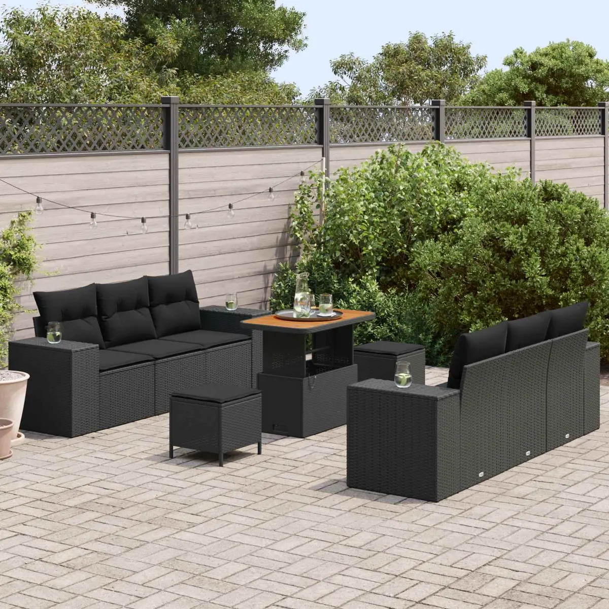 Modular Garden Sofa Set 9 Piece Black Poly Rattan Outdoor Furniture with