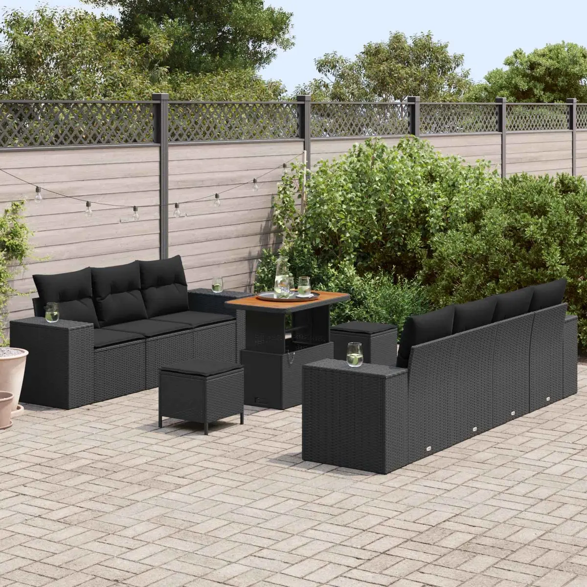 Modular Garden Sofa Set Height-Adjustable 10 Pieces Black Poly Rattan Acacia Wood Aluminium Steel Outdoor Furniture