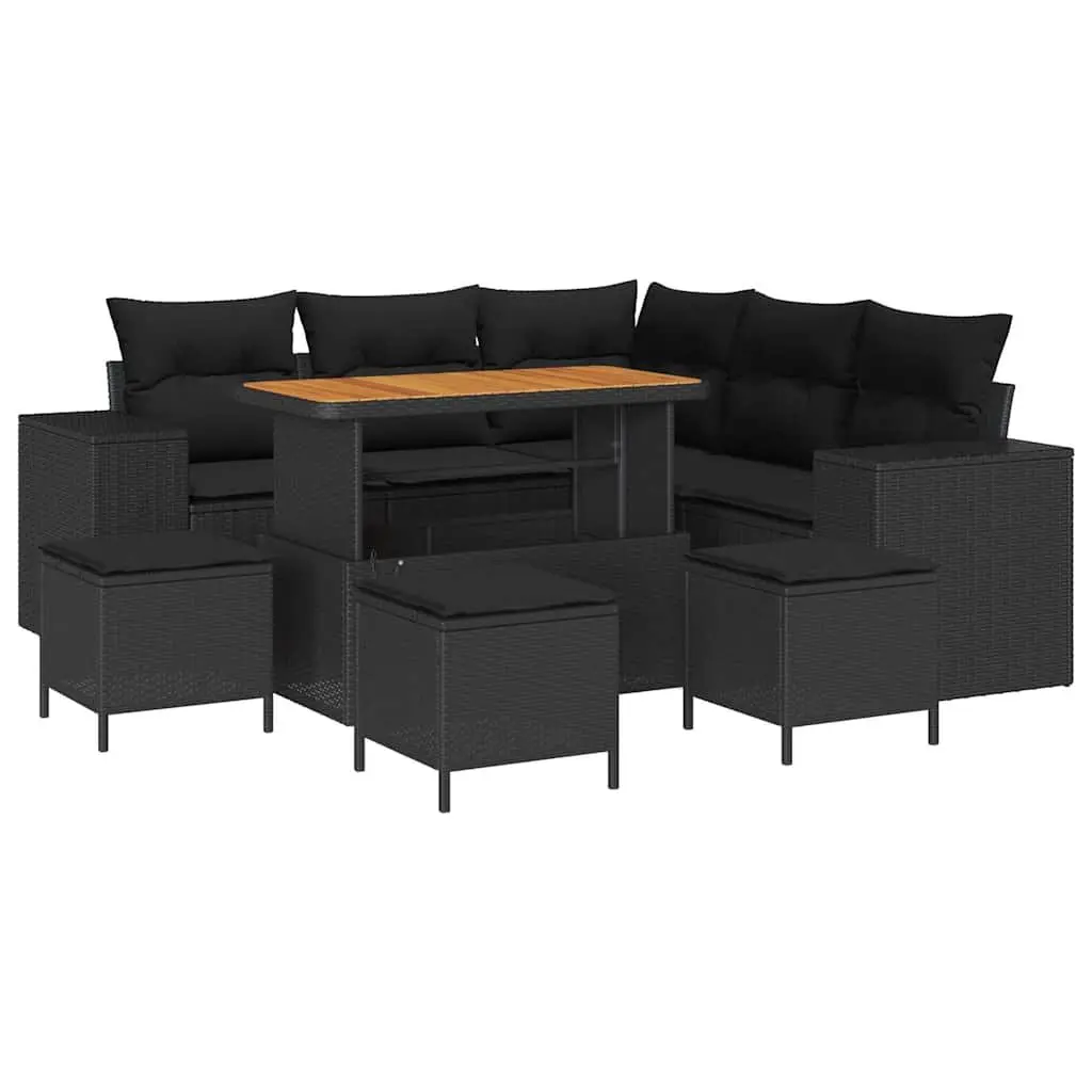 Garden Sofa Set Modular 9 Piece Black Poly Rattan Outdoor Furniture with Cushions