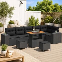 Modular Outdoor Garden Sofa Set 9 Pieces Black Poly Rattan Patio Furniture