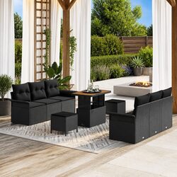Outdoor Garden Sofa Set 9 Pieces Black Poly Rattan Furniture with Cushions