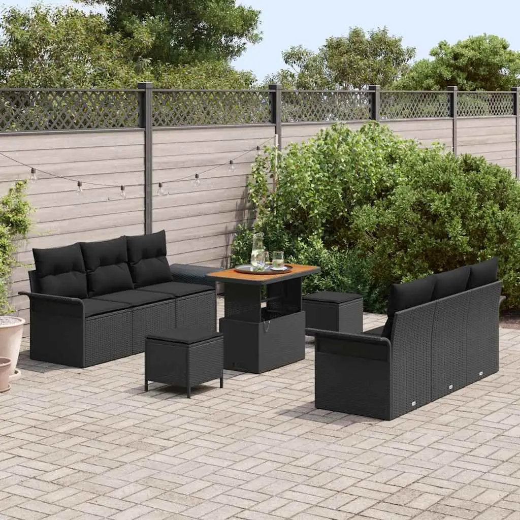 Outdoor Garden Sofa Set 9 Piece Modular Black Poly Rattan Furniture with Cushions