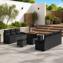 Outdoor Garden Sofa Set 10 Pcs Poly Rattan Acacia Wood Lounge Furniture Black