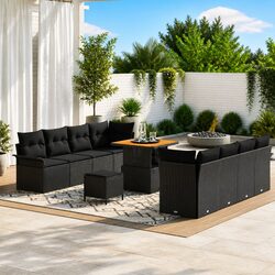 Outdoor Garden Sofa Set 11 Pieces Black Poly Rattan Modular Lounge with Cushions