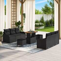 Outdoor Garden Sofa Set 9 Pieces Black Poly Rattan Patio Furniture with Cushions