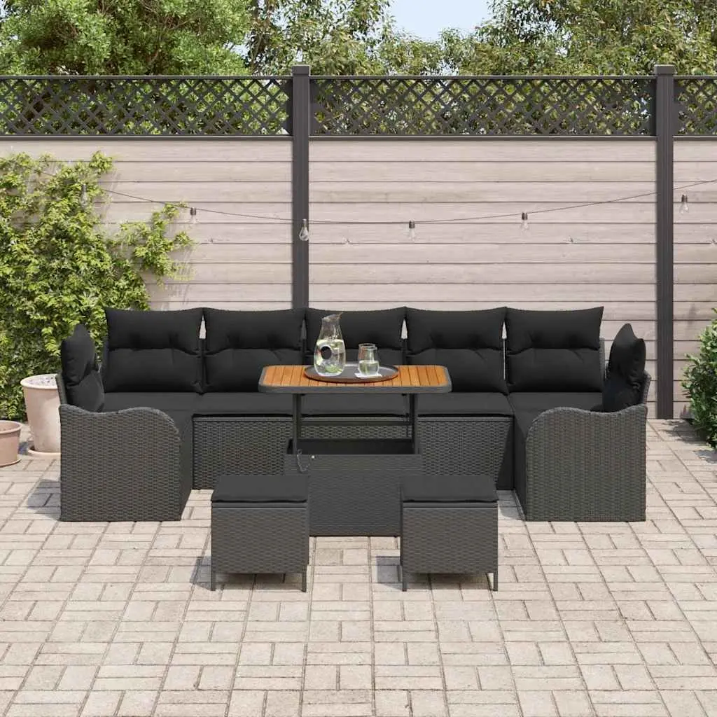 Garden Sofa Set 10 Pieces Black Poly Rattan Outdoor Furniture with Cushions