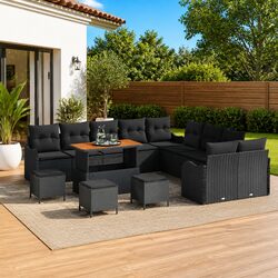 Garden Sofa Set 14 Piece Outdoor Furniture Black Poly Rattan with Cushions