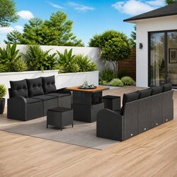 Outdoor Garden Sofa Set 10-Piece Black Poly Rattan Modular Patio Furniture