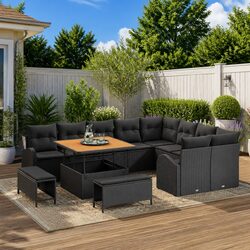 Garden Sofa Set 12 Pieces Black Poly Rattan Outdoor Furniture with Cushions