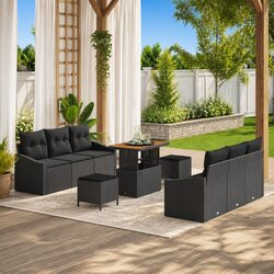 Garden Sofa Set 9 Pcs Outdoor Furniture Black Poly Rattan Modular with Cushions