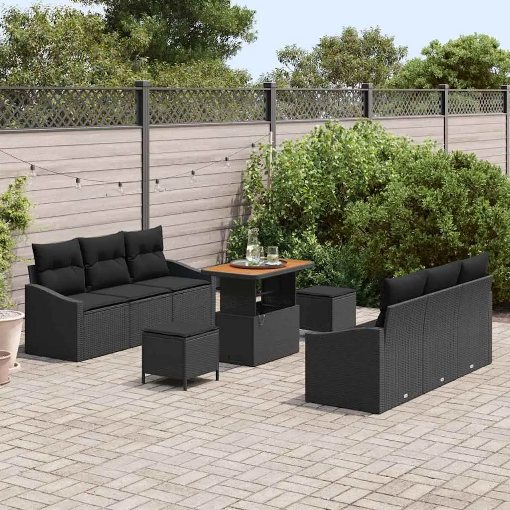 Garden Sofa Set 9 Pcs Outdoor Furniture Black Poly Rattan Modular with Cushions