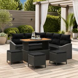 Outdoor Garden Sofa Set 9 Pieces Black Poly Rattan Modular Seating with Cushions