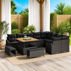 Garden Sofa Set 12 Piece Black Poly Rattan Outdoor Furniture with Cushions