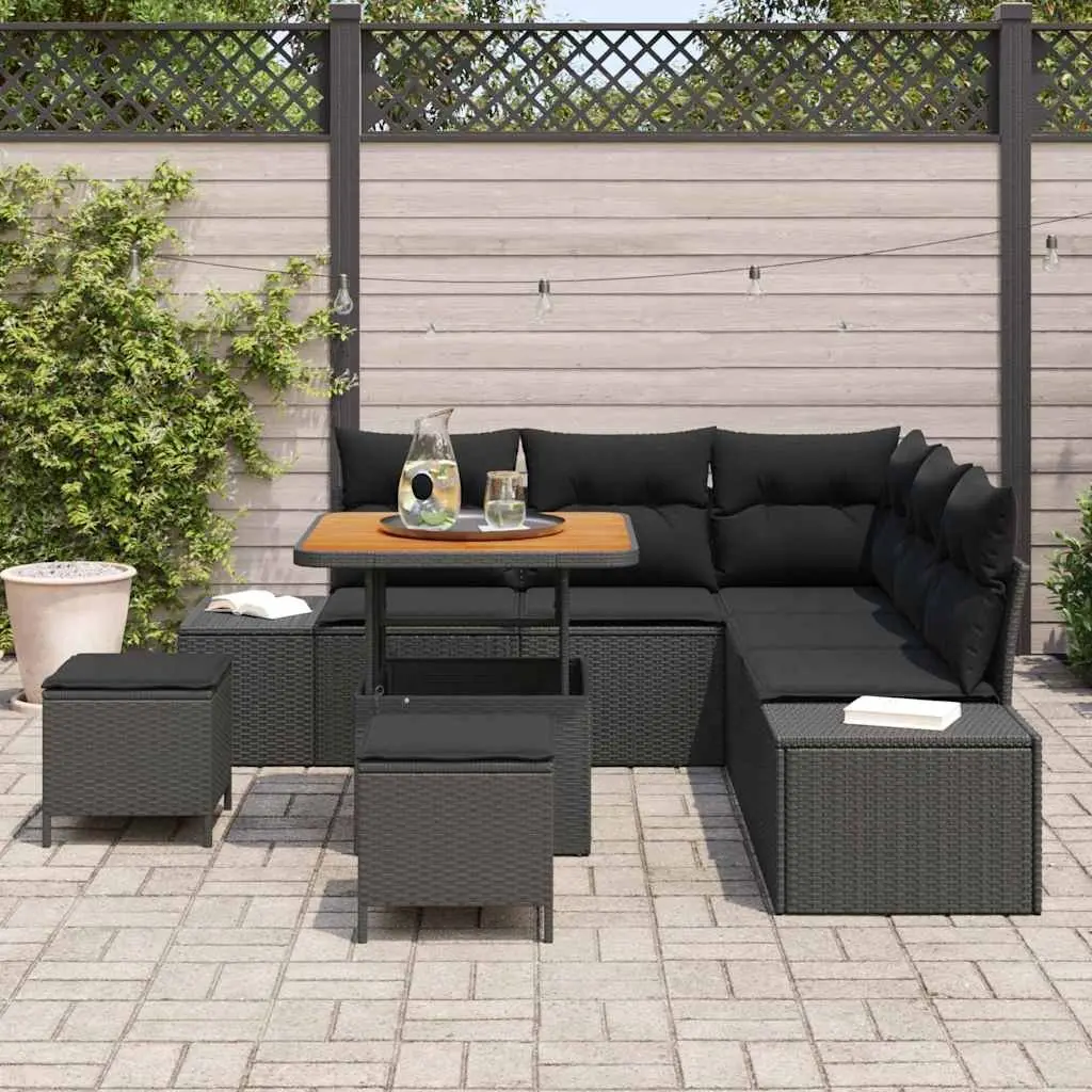 Outdoor Garden Sofa Set Modular 8 Pieces Black Poly Rattan with Acacia Wood Top