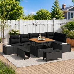 Garden Sofa Set 9 Pieces Black Outdoor Furniture Rattan Lounge Seating with
