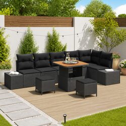 Outdoor Garden Sofa Set 9 Piece Black Poly Rattan Furniture with Cushions