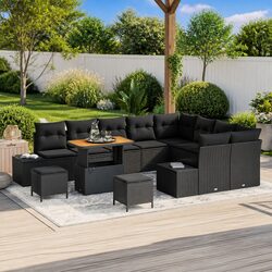 Garden Sofa Set 12 Pcs Black Poly Rattan Outdoor Furniture with Coffee Table