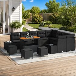 Garden Sofa Set 13 pcs Outdoor Furniture Black Poly Rattan with Cushions Steel