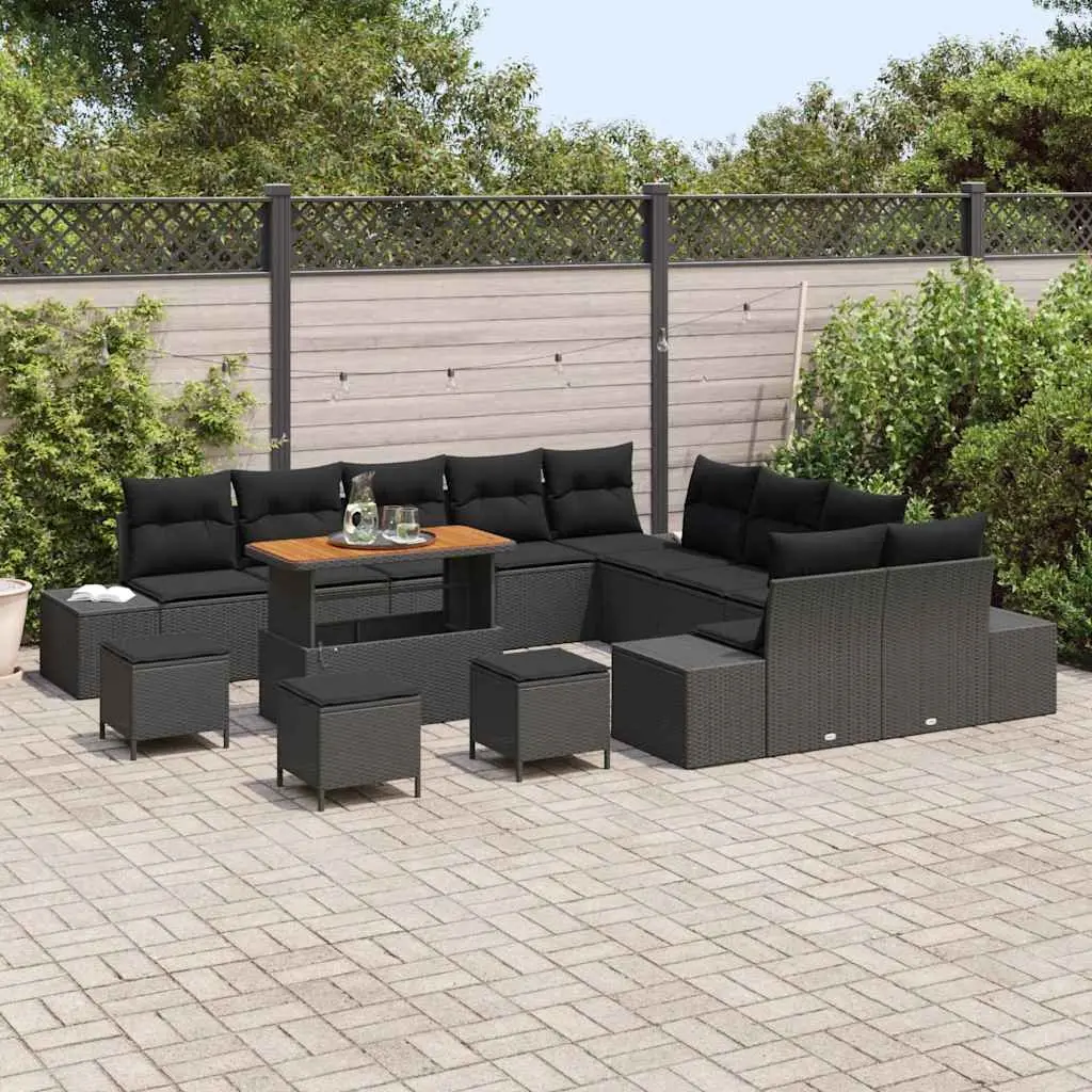 Garden Sofa Set 14 Piece Outdoor Seating Poly Rattan Black with Steel Legs and Cushions