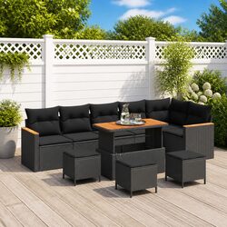 Garden Sofa Set 10 Piece Outdoor Furniture Black Poly Rattan Acacia Wood Patio