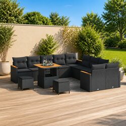 Garden Sofa Set 13-Piece Outdoor Furniture Black Poly Rattan Modular Acacia Wood