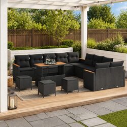 Garden Sofa Set 14 Pieces Black Outdoor Furniture Modular Poly Rattan Acacia