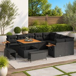 Garden Sofa Set 12pcs Black Outdoor Furniture Modular Poly Rattan Lounger