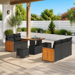 Outdoor Garden Sofa Set 8 Piece Black Poly Rattan Patio Furniture with Cushions