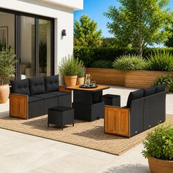 Garden Sofa Set 9 pcs Black Poly Rattan Steel Outdoor Seating Patio Furniture