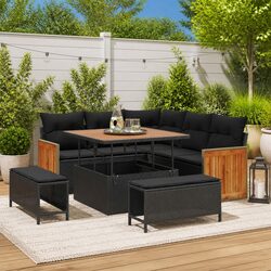 Outdoor Garden Sofa Set 8 Pieces Black Poly Rattan Steel Frame Patio Furniture