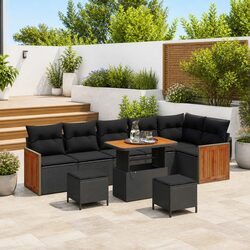 Garden Sofa Set 9 Pieces Outdoor Seating Black Poly Rattan Steel Frame Patio