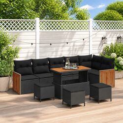 Outdoor Garden Sofa Set 10 pcs Black Poly Rattan Steel Frame with Cushions