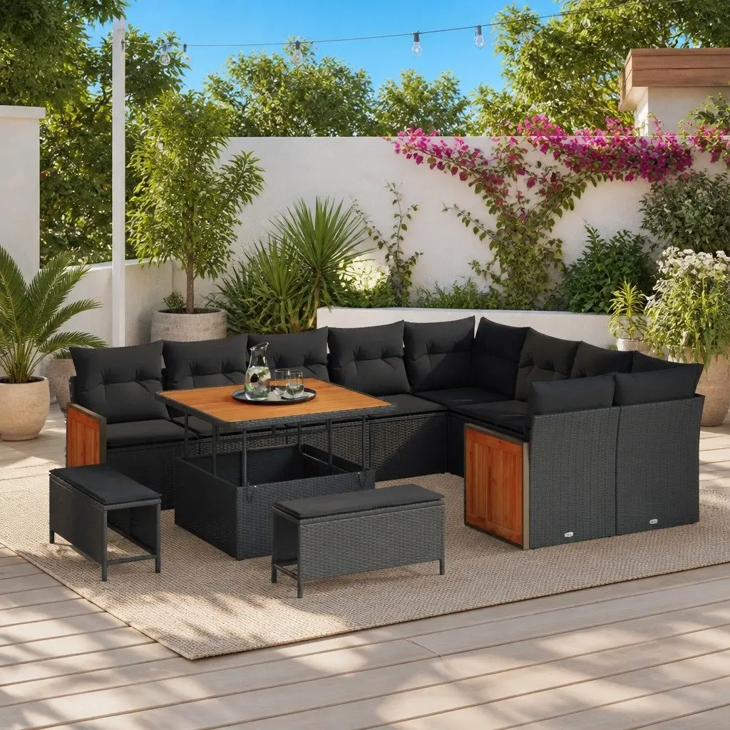 Garden Sofa Set 12 Piece Black Outdoor Patio Lounge Furniture with Removable Weather Resistant Cushions