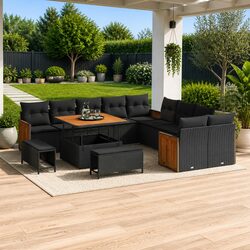 Outdoor Garden Sofa Set 13 Pieces Black Poly Rattan Steel Patio Furniture