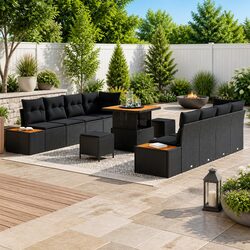 Outdoor Garden Sofa Set 11 Pieces Black Poly Rattan Steel Patio Seating