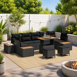 Outdoor Garden Sofa Set 10 Pieces Modular Black Poly Rattan Steel Seating