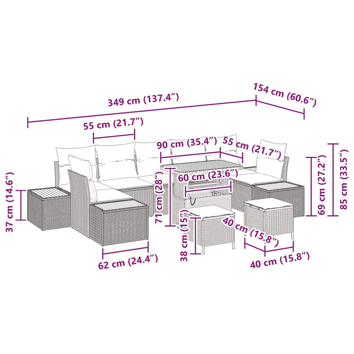 Outdoor Garden Sofa Set Modular 10 Pieces Black Poly Rattan Steel