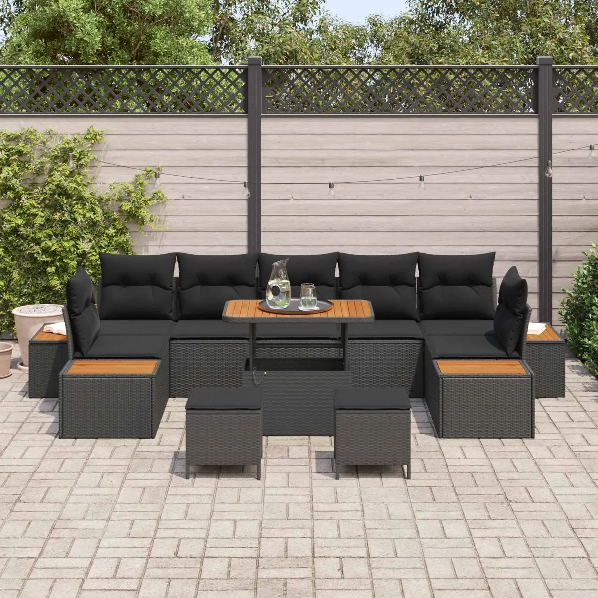 Outdoor Garden Sofa Set Modular 10 Pieces Black Poly Rattan Steel