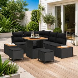 Outdoor Garden Sofa Set 8 Pieces Black Poly Rattan Steel Frame Modular Seating