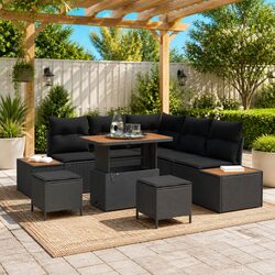 Outdoor Garden Sofa Set 8 Pieces Black Poly Rattan Steel Frame Modular Seating