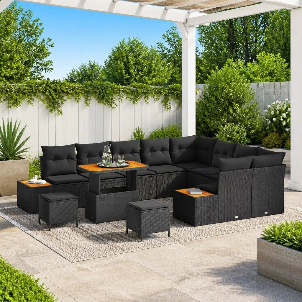 Outdoor Garden Sofa Set Adjustable Table 12-Piece Black Poly Rattan with Cushions