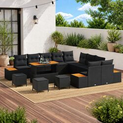 Outdoor Garden Sofa Set 14 Pcs Black Poly Rattan Patio Furniture with Cushions