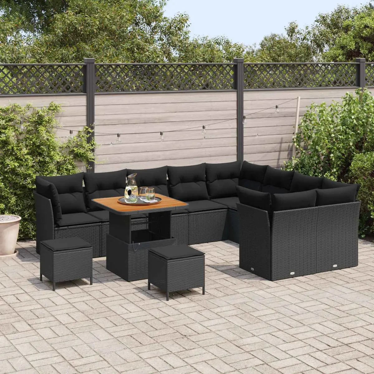Modular Garden Sofa Set with Storage Cushion Adjustable Height Table Black 12 Pieces