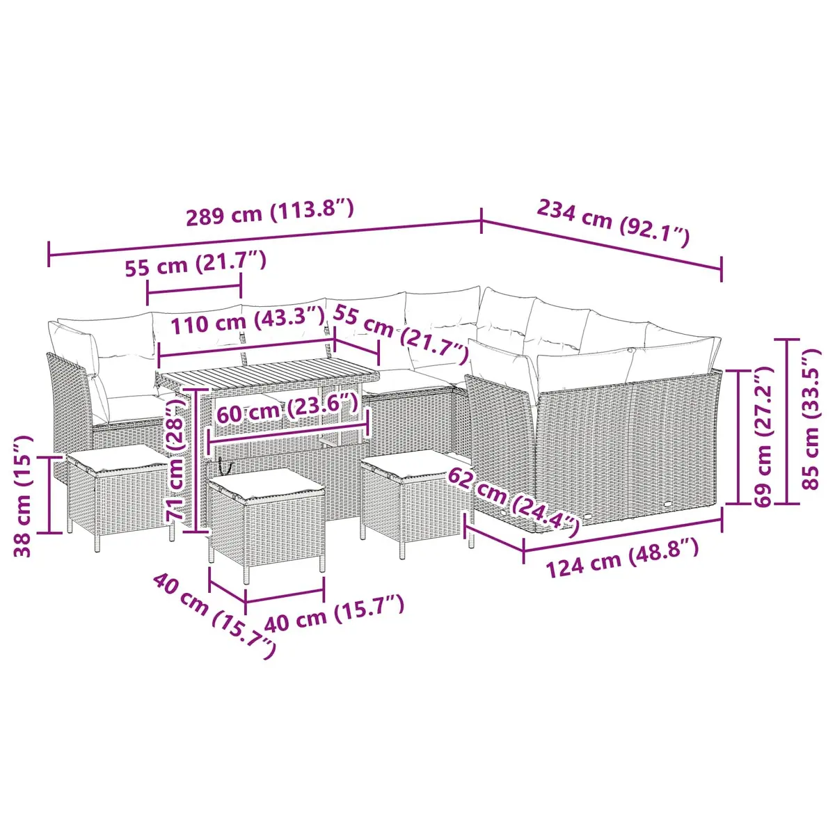 Garden Sofa Set Modular Outdoor Seating 13 Piece Black