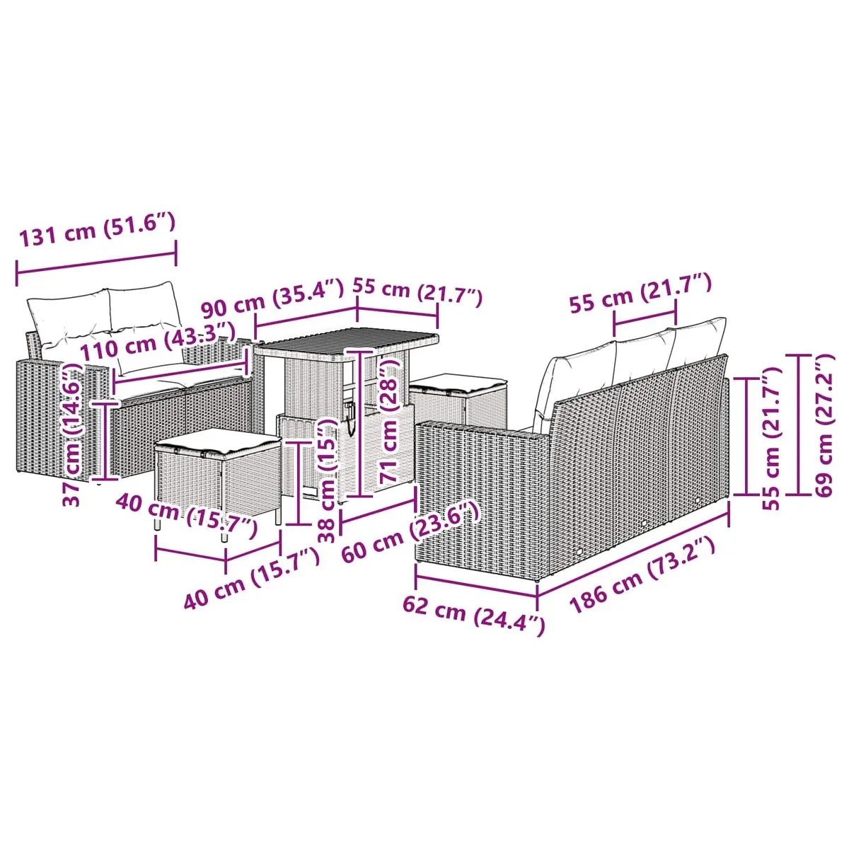 Modular Garden Sofa Set 8 Piece Outdoor Poly Rattan Furniture with Storage Black